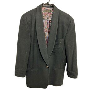 Harris Wallace Black Wool Blazer Paisley Lining Embroidered Pocket Crest Sz Larg